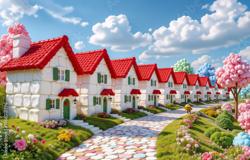 A whimsical row of candy-like houses lines a colorful cobblestone path, nestled amongst vibrant flowers and blossoming trees under a sunny sky.
