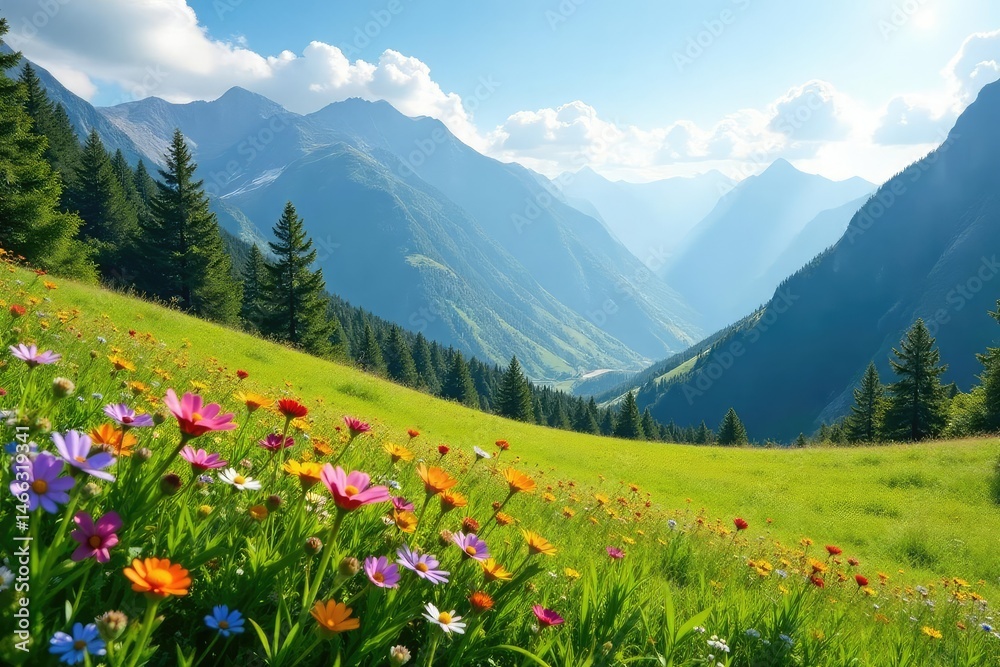 Fototapeta premium Serene mountain meadow bathed in sunlight, wildflowers in bloom , green grass, landscape, natural beauty