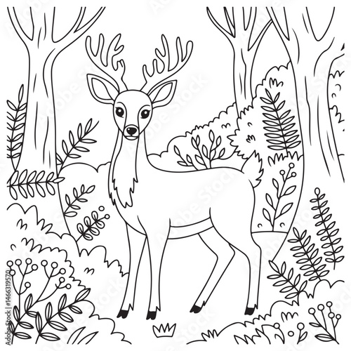 Coloring page of a graceful deer standing in a natural setting surrounded by flowers and butterflies, ideal for wildlife and nature content.