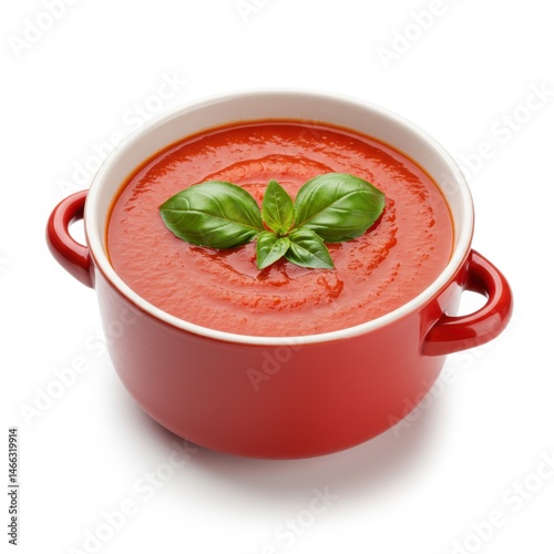 Tomato soup with basil isolated on white background