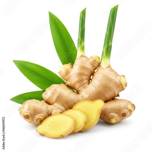 Fresh ginger with leaves isolated on white background