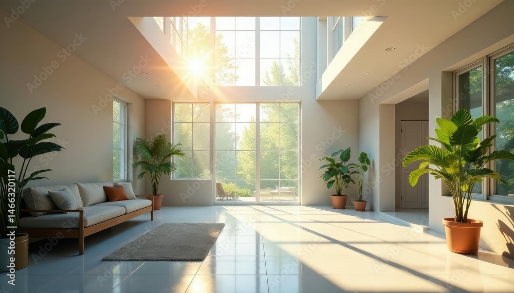 Fototapeta premium Sunlight streams through a large skylight, illuminating a bright interior space , window, sun rays