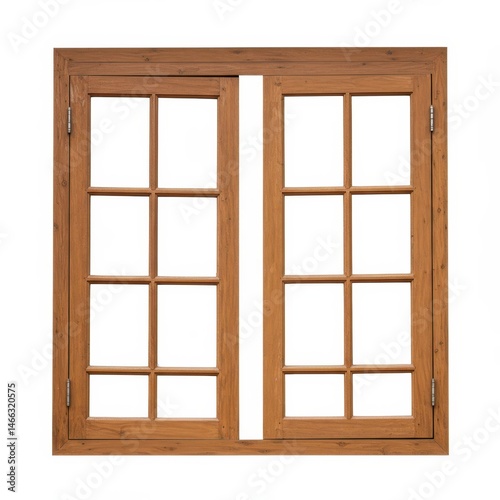 Wooden framed window with panes isolated on white background