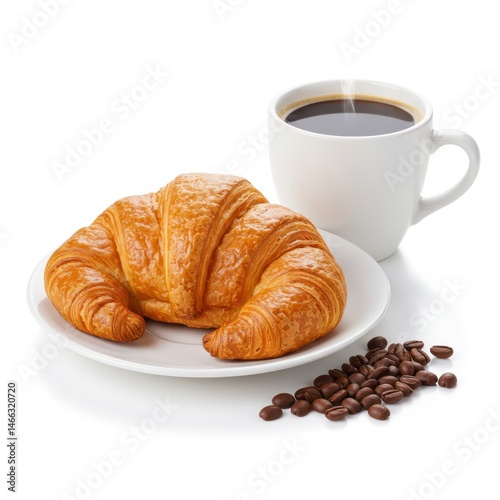 Croissant with coffee and beans isolated on white background