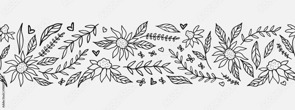 Fototapeta premium Hand drawn floral seamless pattern border. Line art style