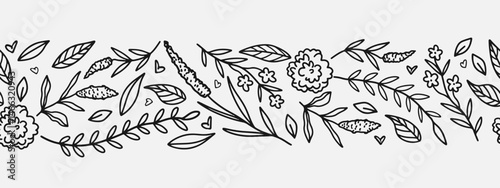 Hand drawn floral seamless pattern border. Line art style