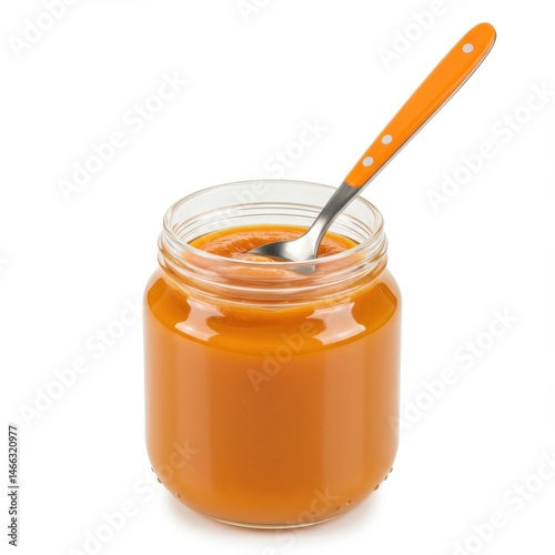 Jar of carrot puree with spoon isolated on white background