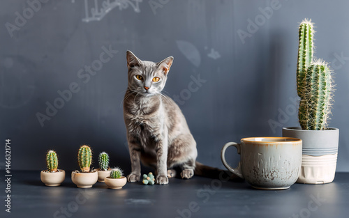 A gray cat sits calmly beside succulents and a cactus in muted grey pots. A stoneware mug rests nearby against a dark gray background.  The scene is minimalist and serene.
