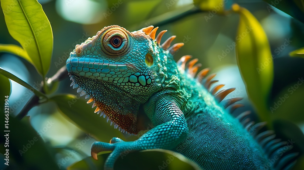 Fototapeta premium Green Iguana posing within lush foliage, a vibrant splash of nature's beauty.
