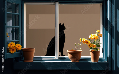 A black cat silhouette sits on a windowsill, framed by yellow flowers in terracotta pots. Sunlight streams in, casting warm light.