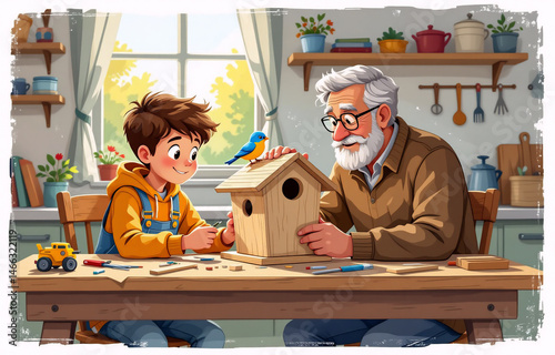 A boy and his grandfather work together in a cozy kitchen, building a birdhouse.  A cheerful bluebird perches nearby, observing their progress.  Warm sunlight streams in through the window.