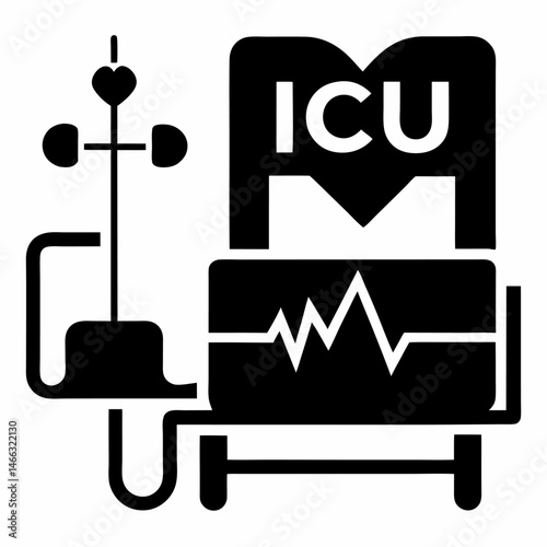 Critical care medicine. ICU. Hospital ward black vector on white background.