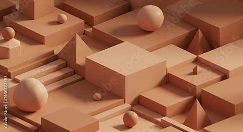 Abstract Geometric Composition: A 3D Render of Interlocking Shapes in Warm Tones
