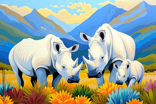 Majestic White Rhinos Grazing on Vibrant Wildflowers Underneath a Bright Blue Sky with Majestic Mountains in the Background Wildlife Conservation and Nature Appreciation