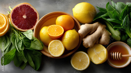 Flat lay of vitamin rich foods including citrus fruits ginger honey and leafy greens arranged as immune support for COVID recovery
