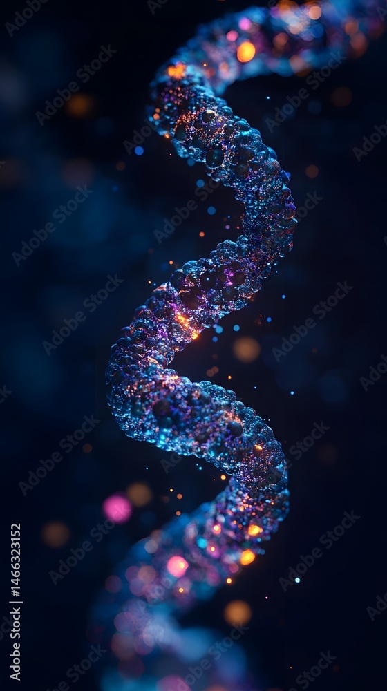 Obraz premium RNA Strand Visualization: A vibrant, glowing RNA strand, spiraling in a fluid motion against a dark background. 
