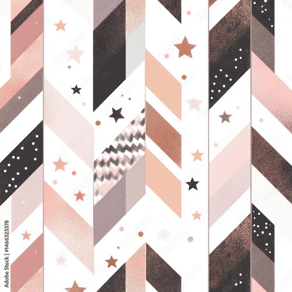 Fototapeta premium A seamless pattern of rose gold geometric shapes, chevron stripes, polka dots, and stars in a color palette of pink, grey, brown, and black.