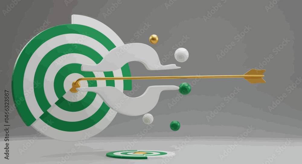 Obraz premium Abstract 3D Render Of A Golden Arrow Hitting A Green And White Target