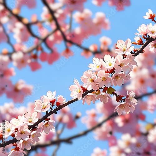 anime style Close-up view of blooming cherry blossom branches in spring
