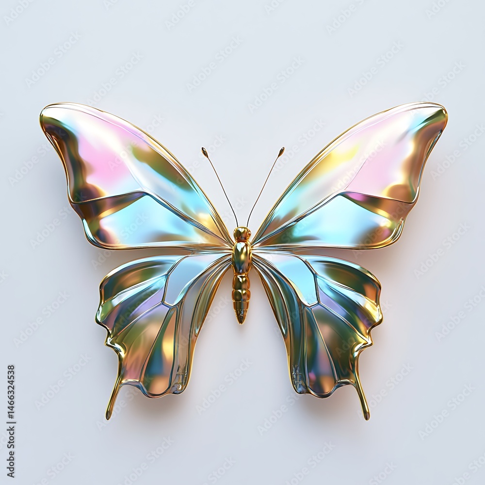 Fototapeta premium Iridescent Butterfly with Golden Accents A Symbol of Transformation Beauty and Hope Shining Against a Plain Backdrop Depicting Metamorphosis and Resilience