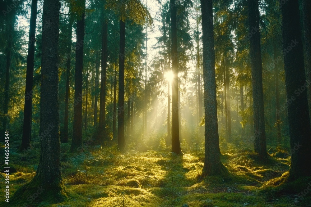 Naklejka premium Sunlight streams through a misty forest