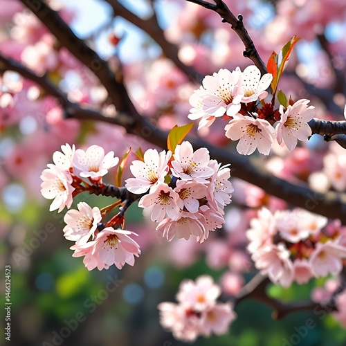 anime style Close-up view of blooming cherry blossom branches in spring
