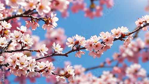 anime style Close-up view of blooming cherry blossom branches in spring