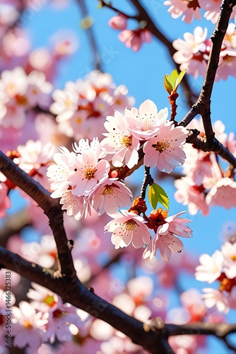 anime style Close-up view of blooming cherry blossom branches in spring