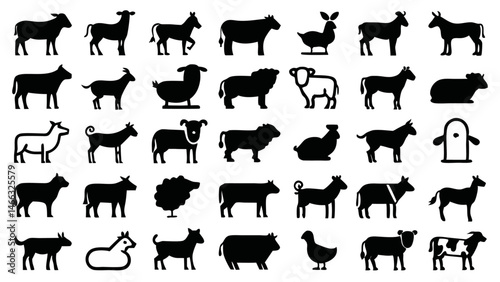 Farm Animals Line Icon Set Featuring Cow Vector Pictograms for Design Needs