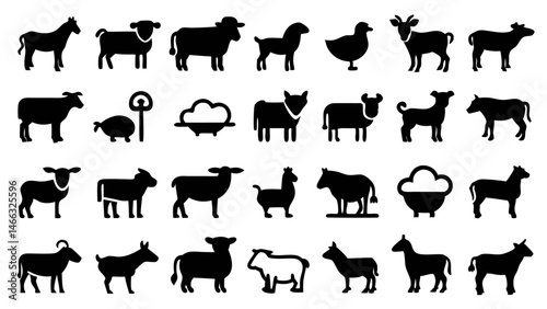 Farm Animal Vector Icons Set Including Cows, Sheep, and More for Illustration