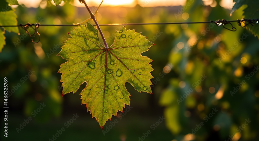 Water droplets on grape leaf at sunset Water droplets on grape leaf at sunset