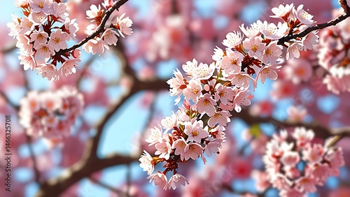 anime style Close-up view of blooming cherry blossom branches in spring