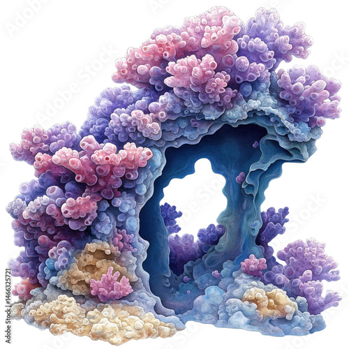 Mysterious Coral Reef: An illustration of vibrant coral reef in the ocean, with shades of pink, blue, and purple, presenting a captivating underwater ecosystem.