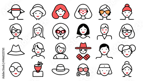 Female head line icon set vector pictograms focusing on beauty styles, from casual to elegant, great for beauty, fashion, and personal care branding materials