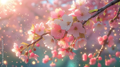 anime style Close-up view of blooming cherry blossom branches in spring