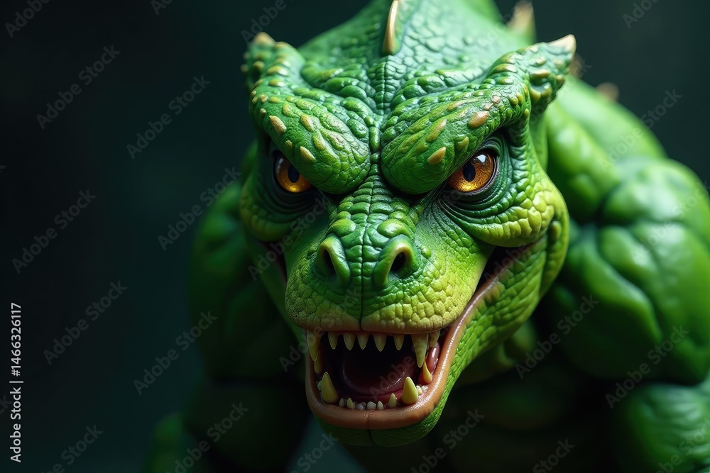 Fototapeta premium Close-up of vibrant green monster, textured skin, sharp teeth, intense gaze , night, horror, green