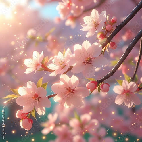 anime style Close-up view of blooming cherry blossom branches in spring