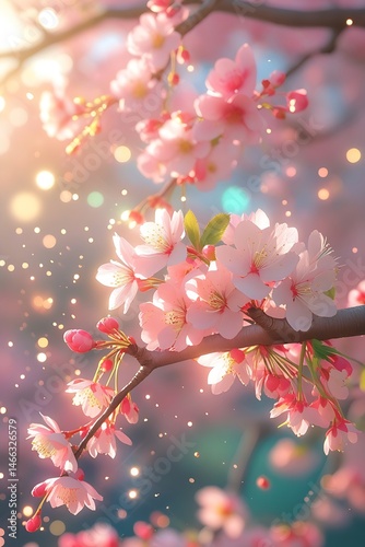 anime style Close-up view of blooming cherry blossom branches in spring