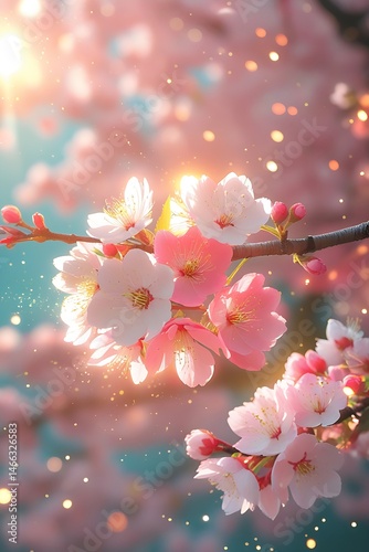 anime style Close-up view of blooming cherry blossom branches in spring