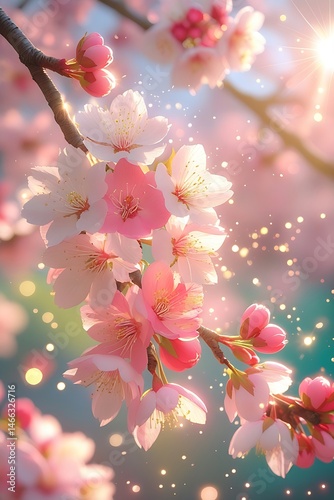 anime style Close-up view of blooming cherry blossom branches in spring