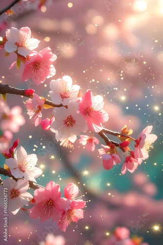 anime style Close-up view of blooming cherry blossom branches in spring