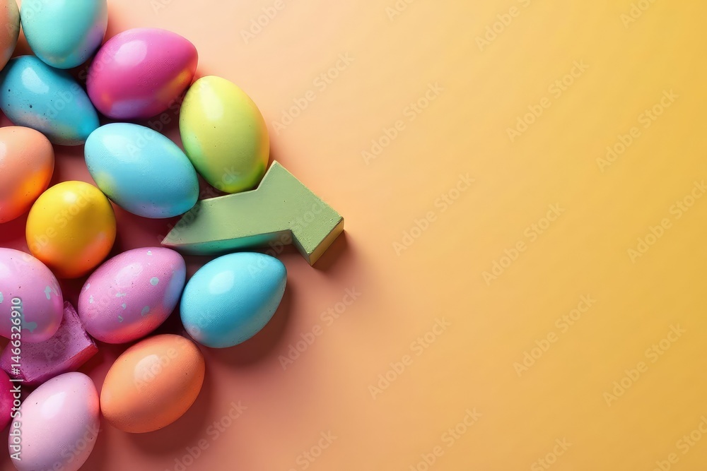Obraz premium Colorful eggs arranged in a vector arrow shape, vibrant spring backdrop , vivid, weekend