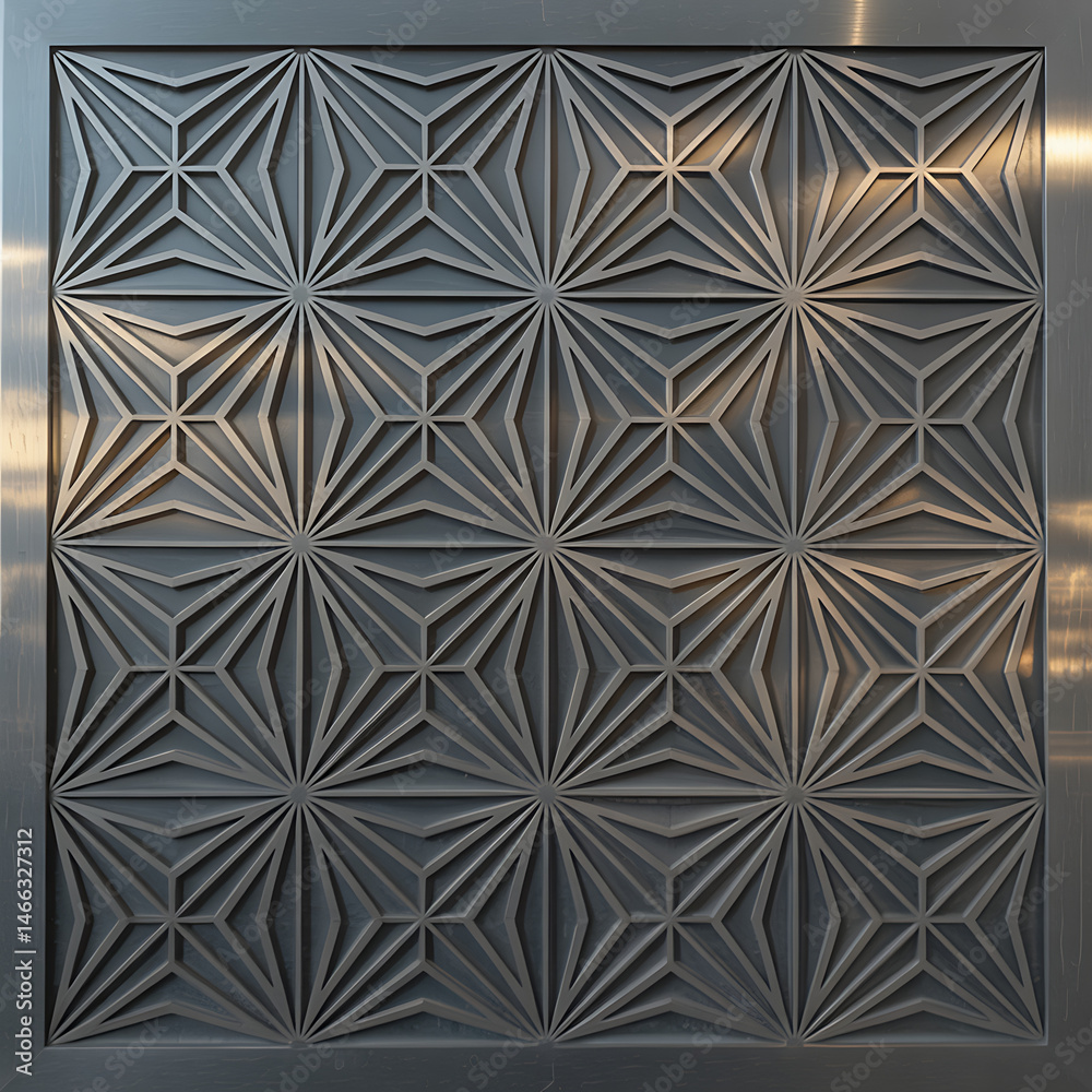 Dark Gray Metal Panel with Intricate Geometric Star Pattern Dark Gray Metal Panel with Intricate Geometric Star Pattern