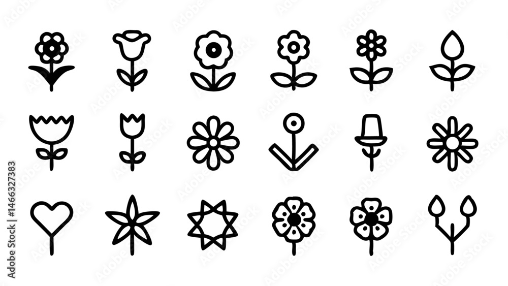 Flower line icon set featuring vector pictograms of roses and tulips, suitable for floral design applications and botanical illustrations Flower line icon set featuring vector pictograms of roses and tulips, suitable for floral design applications and botanical illustrations