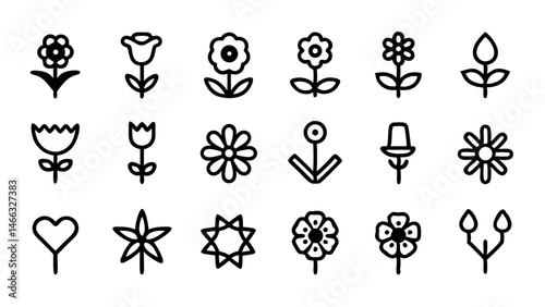 Flower line icon set featuring vector pictograms of roses and tulips, suitable for floral design applications and botanical illustrations
