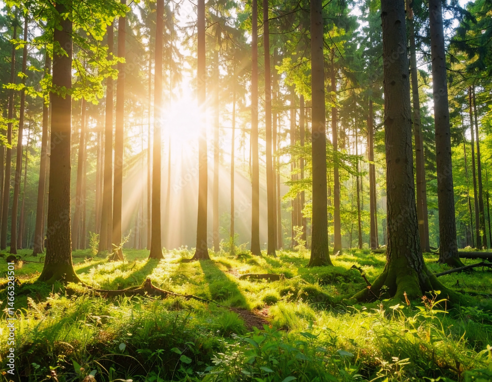 Obraz premium シネマ風の朝日が差し込む森