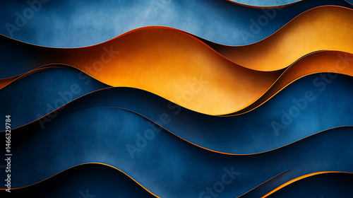 Elegant abstract background with fluid golden and blue waves creates sophisticated backdrop for creative projects
