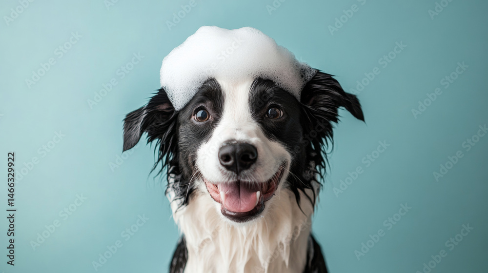 Fototapeta premium A fluffy border collie dog with soap foam bubbles on its head smiles enjoys bath time happy on light blue background. fun pet grooming hygiene playful cute poster