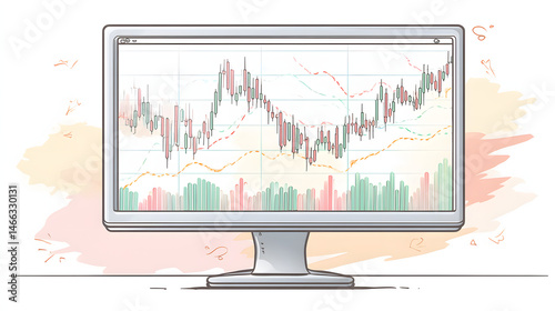 Monitor Showing Market Trend colorful soft pastel watercolor photo