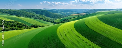 Sustainability Sustainable Agriculture Food Security Lush green hills stretch under a bright blue sky, showcasing vibrant farmland scenery.